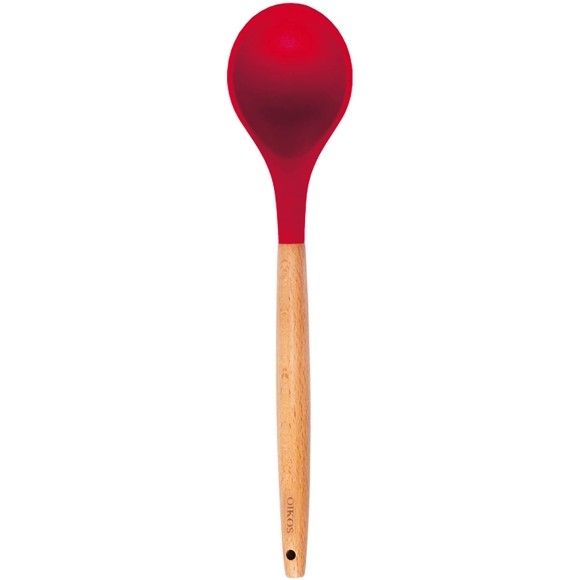 OIKOS COLHER SILICONE COM CABO DE MADEIRA VERMELHO